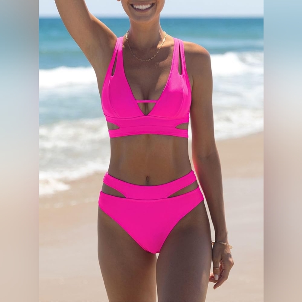 Popvil Neon Pink High-Waisted Bikini Set - Cutout V-Neck Top & Criss-Cross Tie